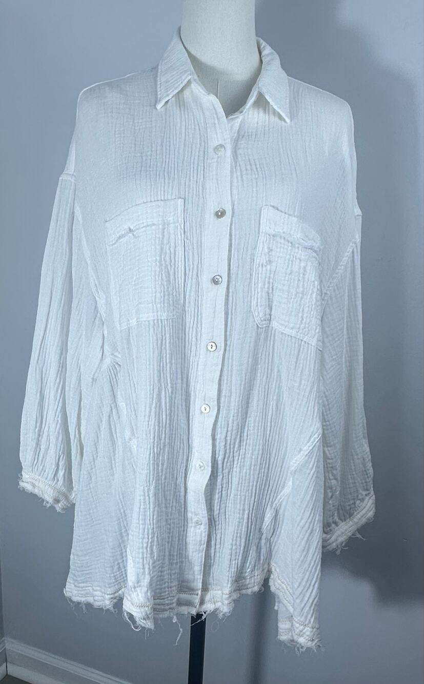 Fourteen & 9th White Cotton Gauze S Oversized Fit (2X Vibes) Boho Raw Hem Pocket